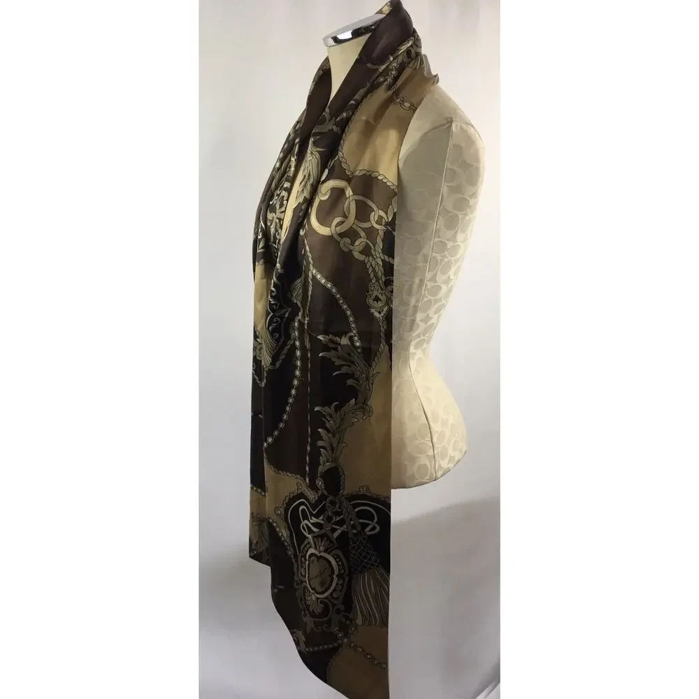 Size 1X Dennis by Dennis‎ Basso Scarf Brown Gold Classic Chain Print Satin